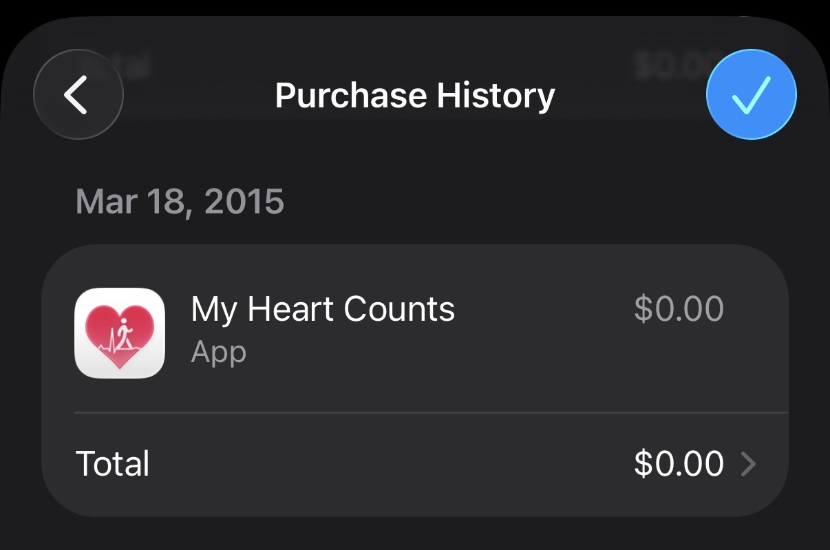 My Heart Counts App Store purchase record dated March 18, 2015
